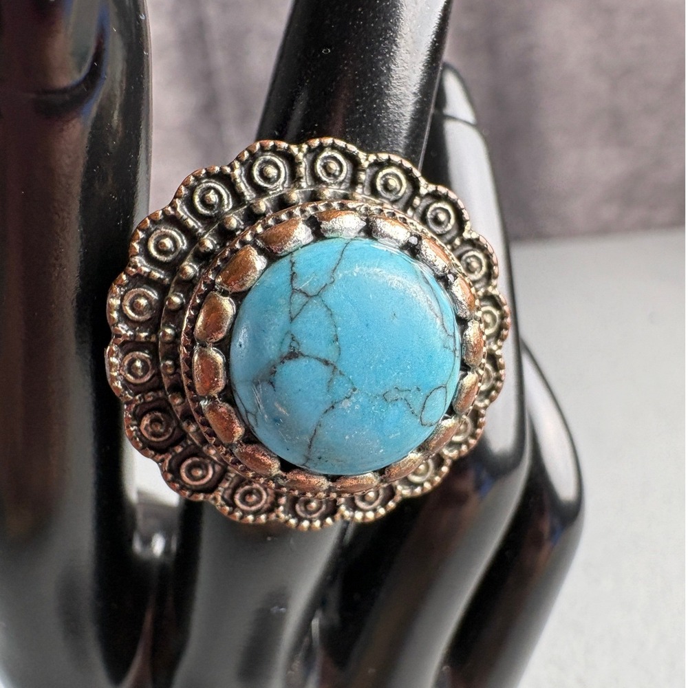 Boho Faux Turquoise Scalloped Copper Tone Adjustable Statement Ring